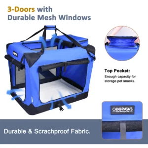 JESPET Soft Pet Crate Kennel – 3-Door Folding Travel Carrier with Fleece Mat