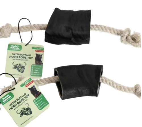 Water Buffalo Horn Rope Tug Toy – Natural Dental Chew, 2-Count, 10 oz